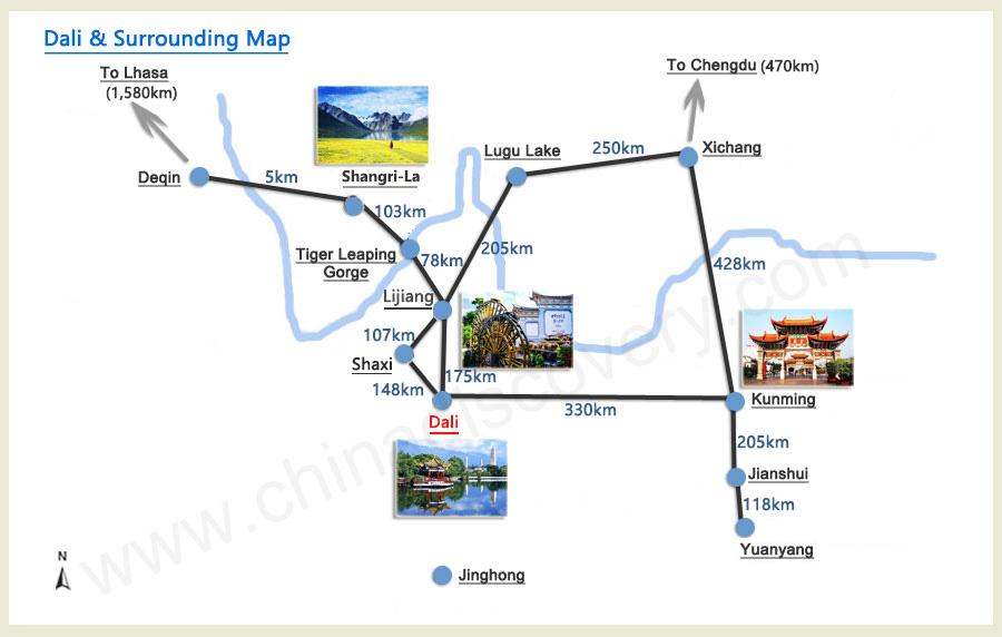 Dali Map: Dali China Map, Dali Yunnan Map, Dali Attraction Map