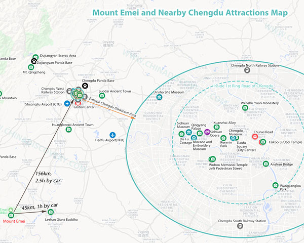 Mount Emei and Nearby Chengdu Attractions Map