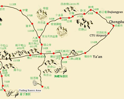 Chengdu to Daocheng Yading Distance Map