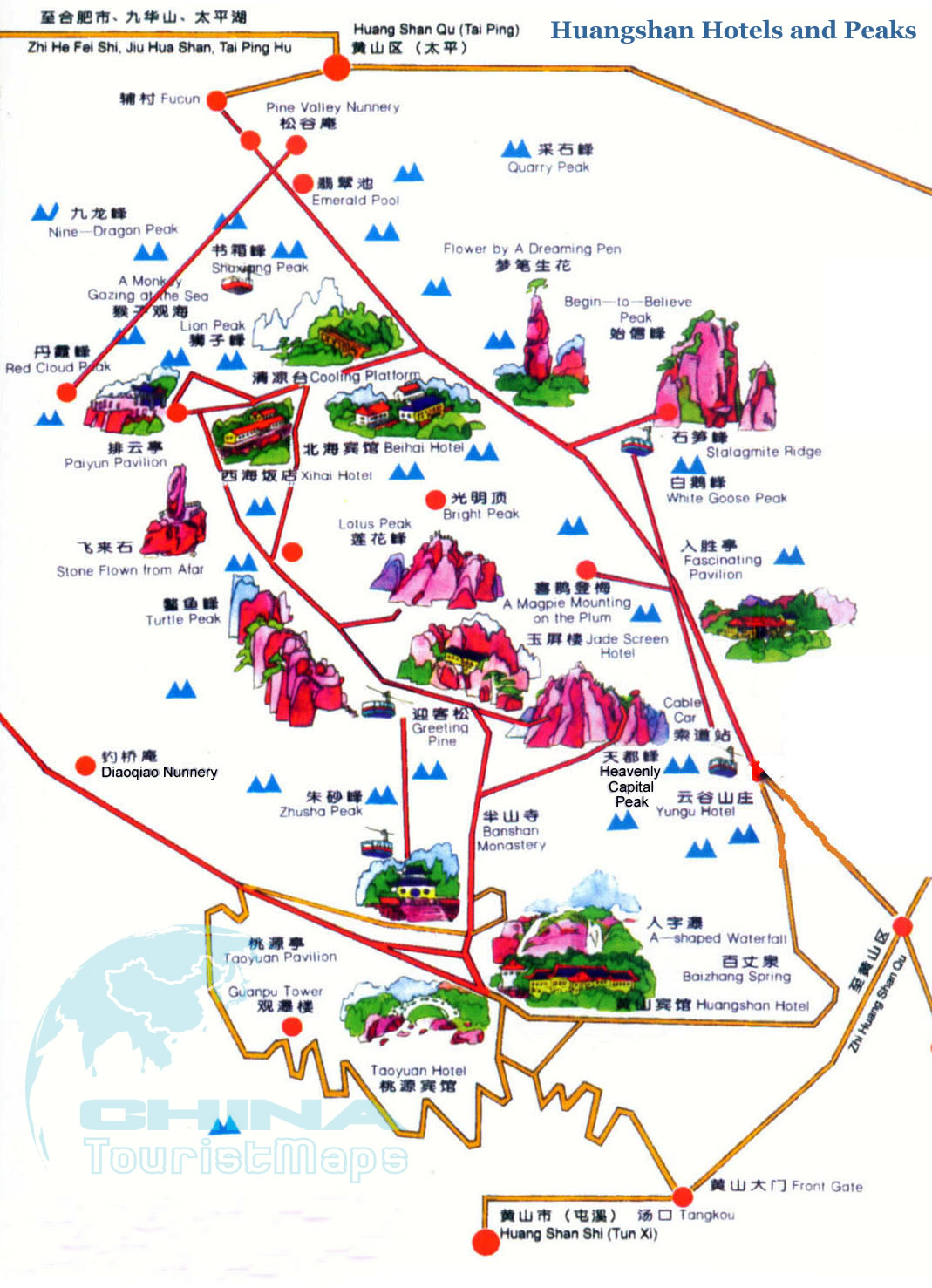 Yellow Mountain China Map Mt. Huangshan Travel Maps 2020, Yellow Mountain Hiking Map