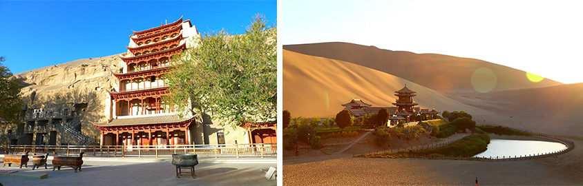 Mogao Grottoes (left) and Echoing Sand Mountain Crescent Lake (right) in Dunhuang, Tour Customized by Leo