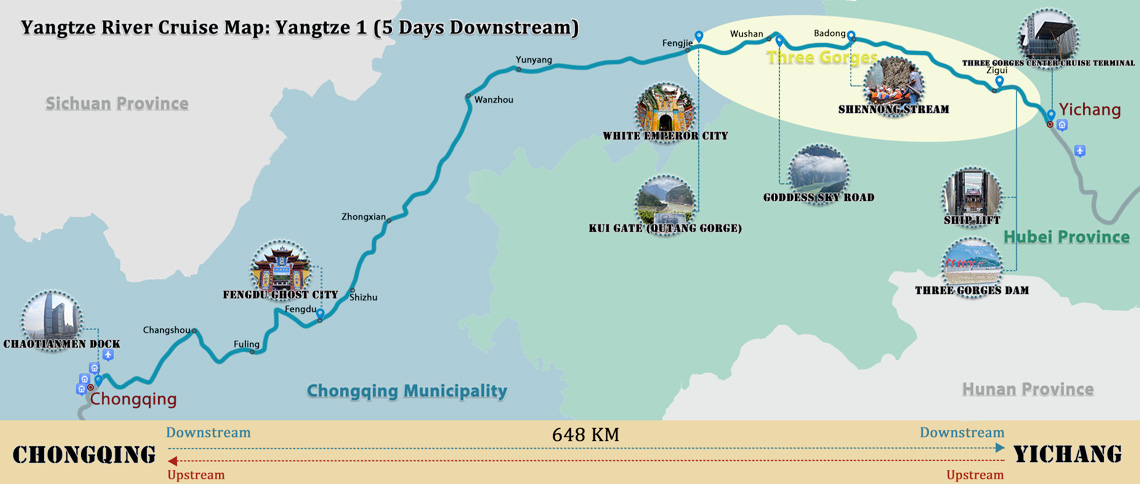 Yangtze 1 Cruise Downstream Itinerary Map