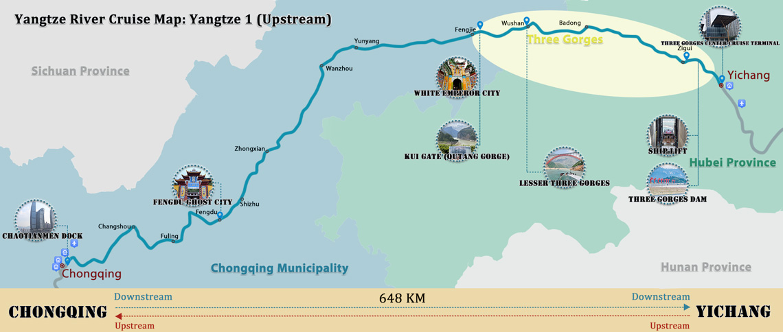 Yangtze 1 Cruise Upstream Itinerary Map