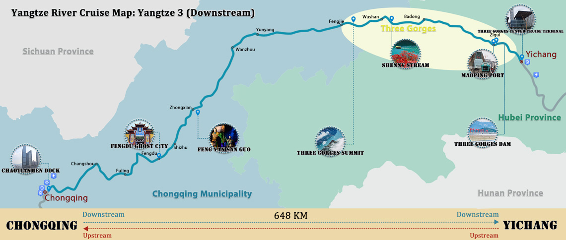 Yangtze 3 Cruise Downstream Itinerary Map