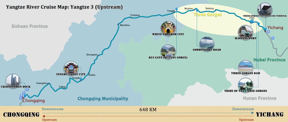 Yangtze 3 Cruise Upstream Itinerary Map