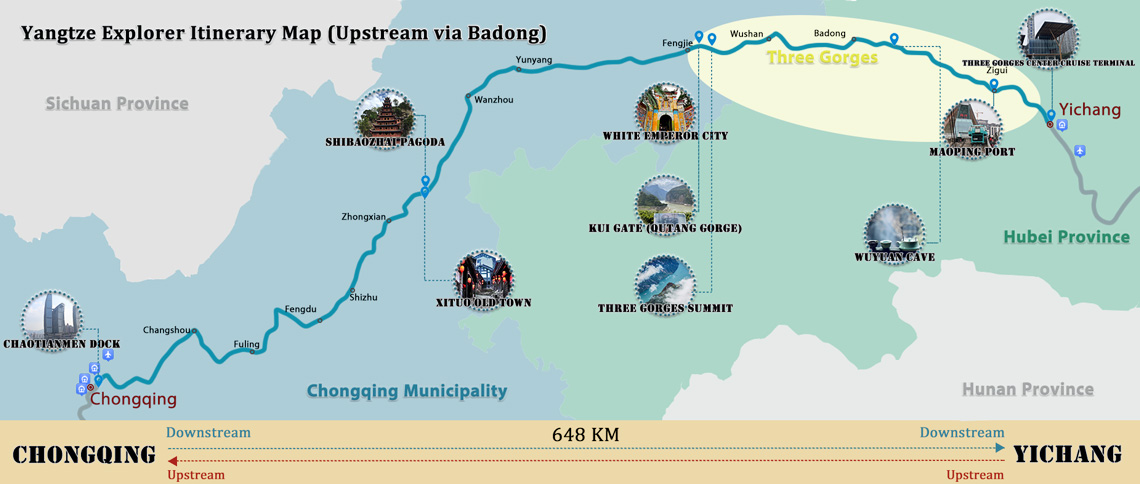 Yangtze Explorer Cruise Upstream Itinerary Map