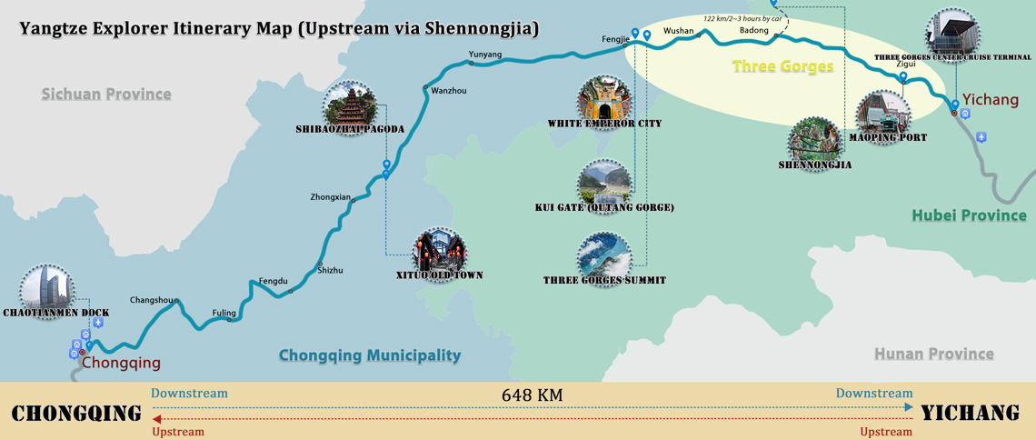 Yangtze Explorer Cruise Upstream Itinerary Map