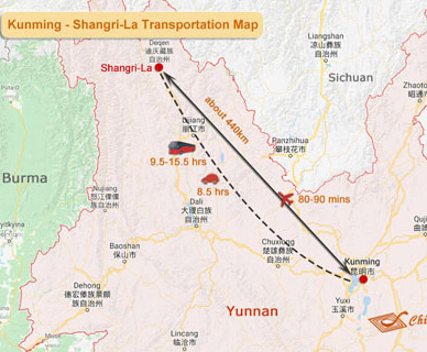 Shangri-La to Kunming Map